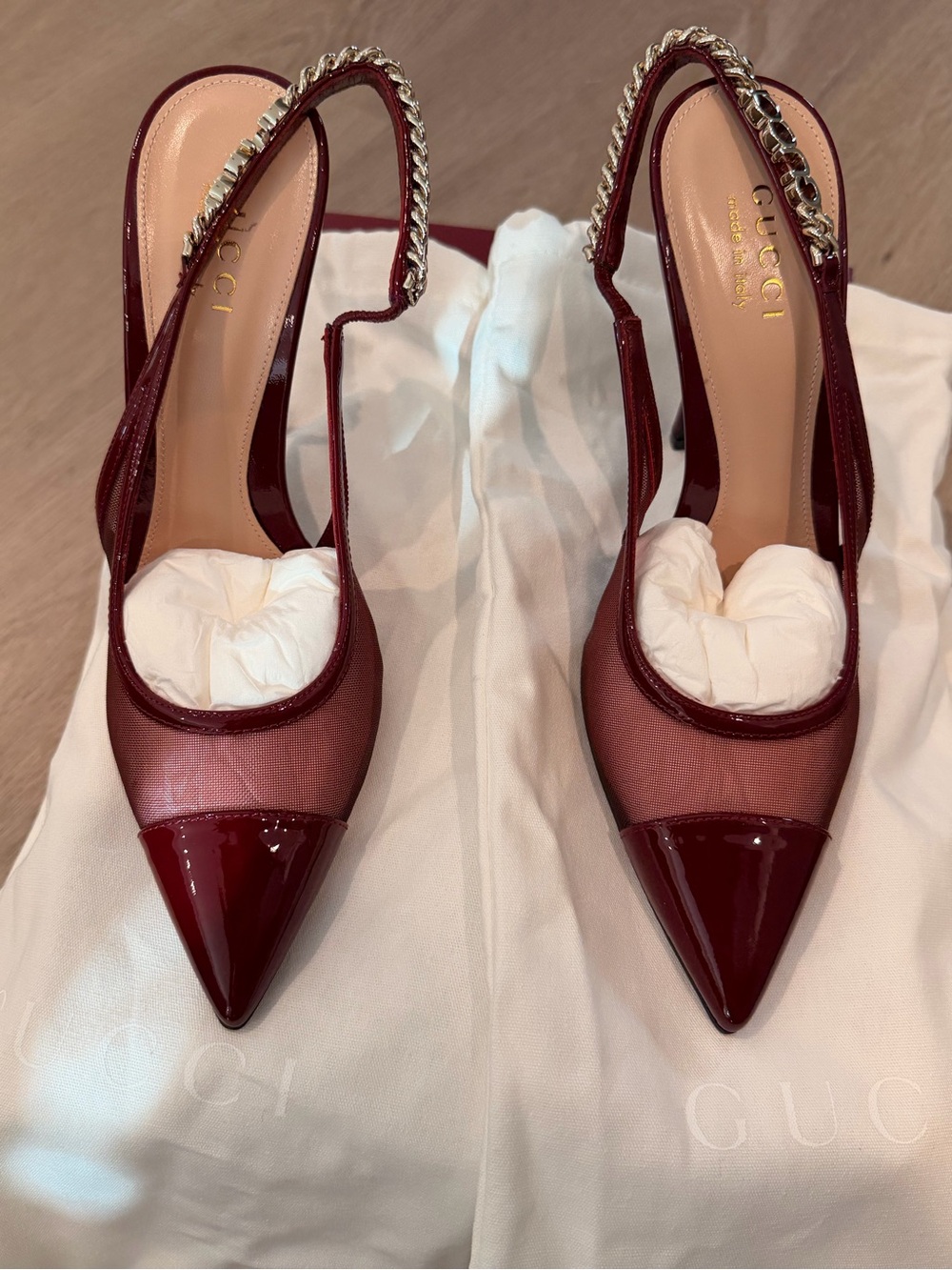 Gucci Crystal Chain Slingback Pumps Burgundy Mesh Patent Leather 37 Dust Bag